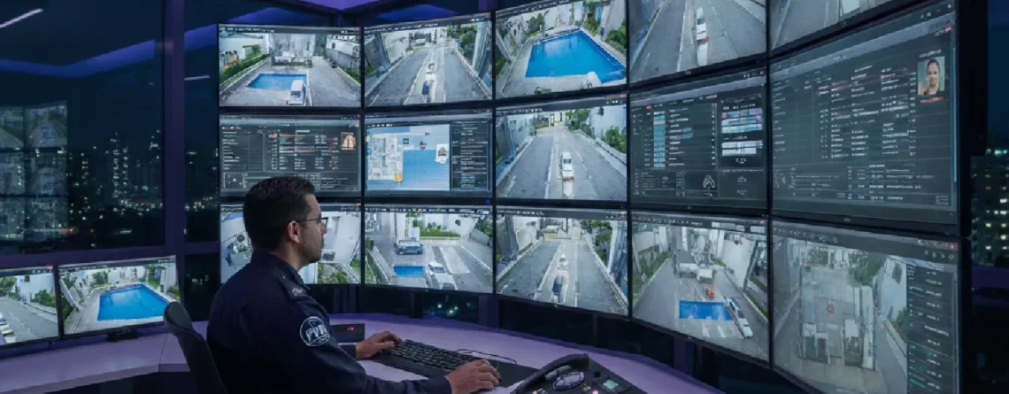 Operador de segurança em sala de controle integrada, monitorando feeds de CCTV, acesso digital e automação predial em múltiplos monitores de alta tecnologia com iluminação futurista.