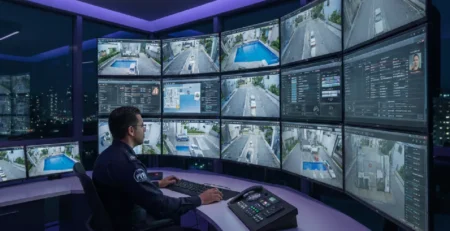 Operador de segurança em sala de controle integrada, monitorando feeds de CCTV, acesso digital e automação predial em múltiplos monitores de alta tecnologia com iluminação futurista.
