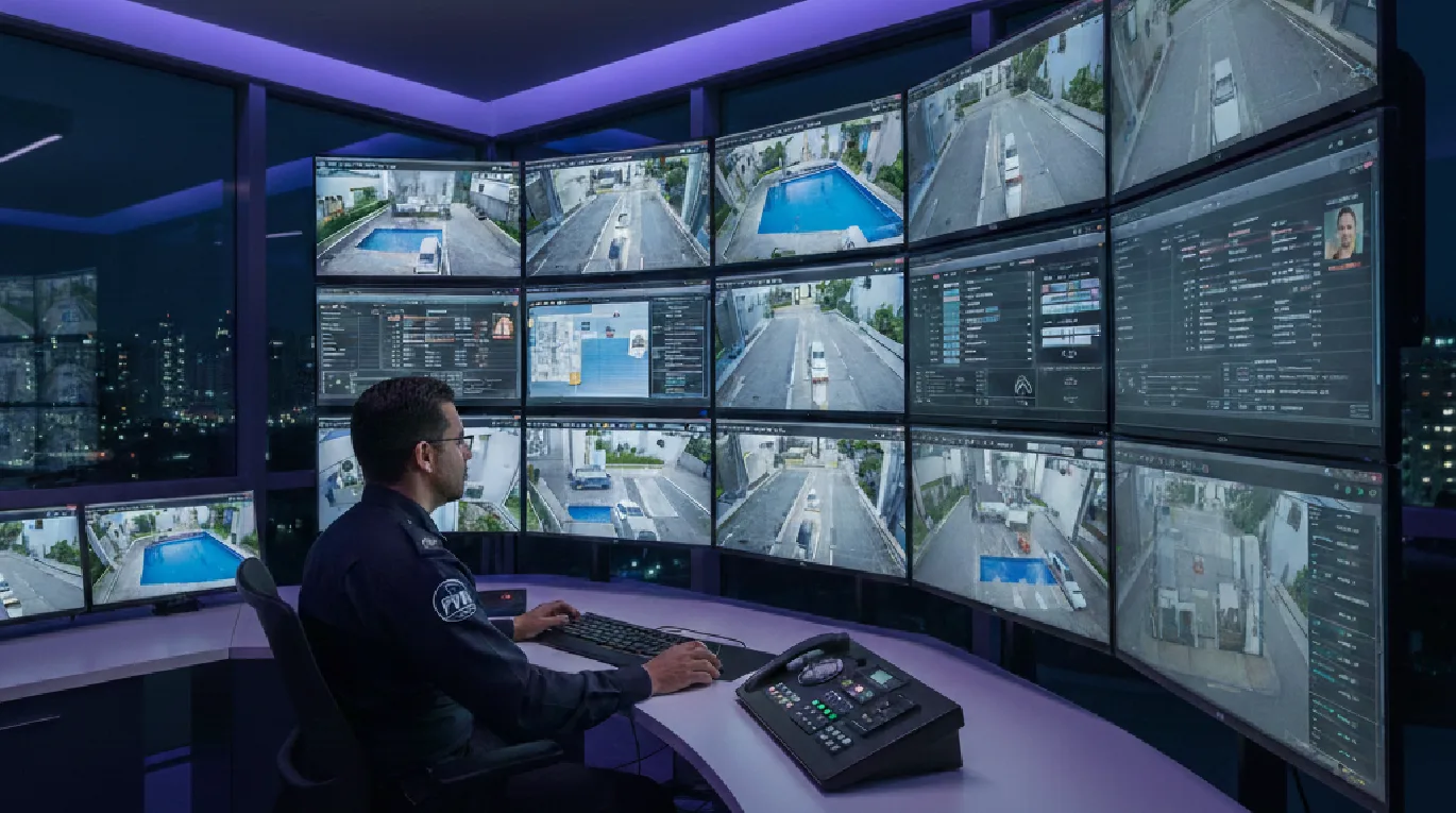 Operador de segurança em sala de controle integrada, monitorando feeds de CCTV, acesso digital e automação predial em múltiplos monitores de alta tecnologia com iluminação futurista.