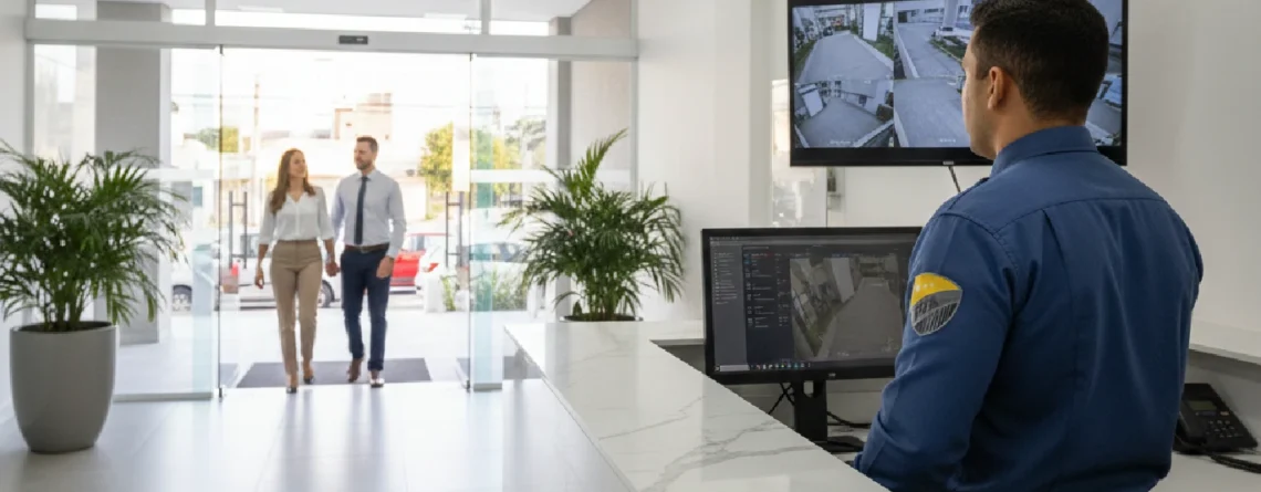 Guarda de segurança uniformizado monitorando entrada de condomínio moderno no Rio de Janeiro, com painel de controle de acesso digital visível.