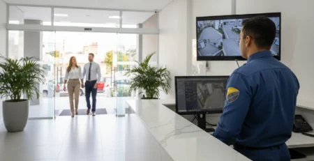 Guarda de segurança uniformizado monitorando entrada de condomínio moderno no Rio de Janeiro, com painel de controle de acesso digital visível.