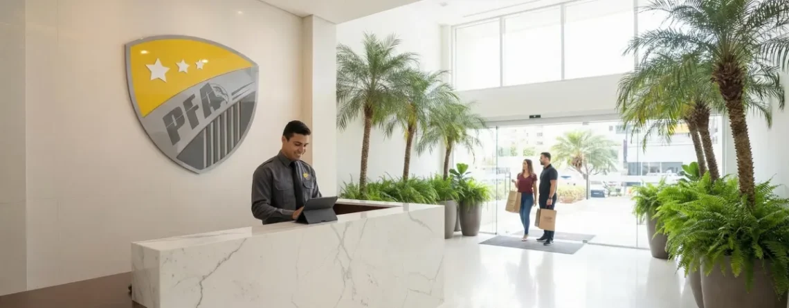 Recepção de mármore e segurança digital em condomínio de luxo no Rio de