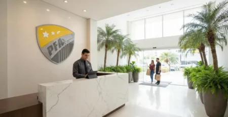 Recepção de mármore e segurança digital em condomínio de luxo no Rio de