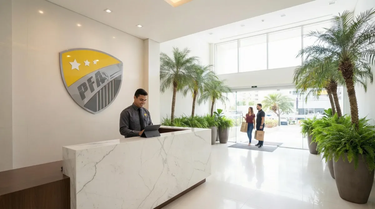 Recepção de mármore e segurança digital em condomínio de luxo no Rio de