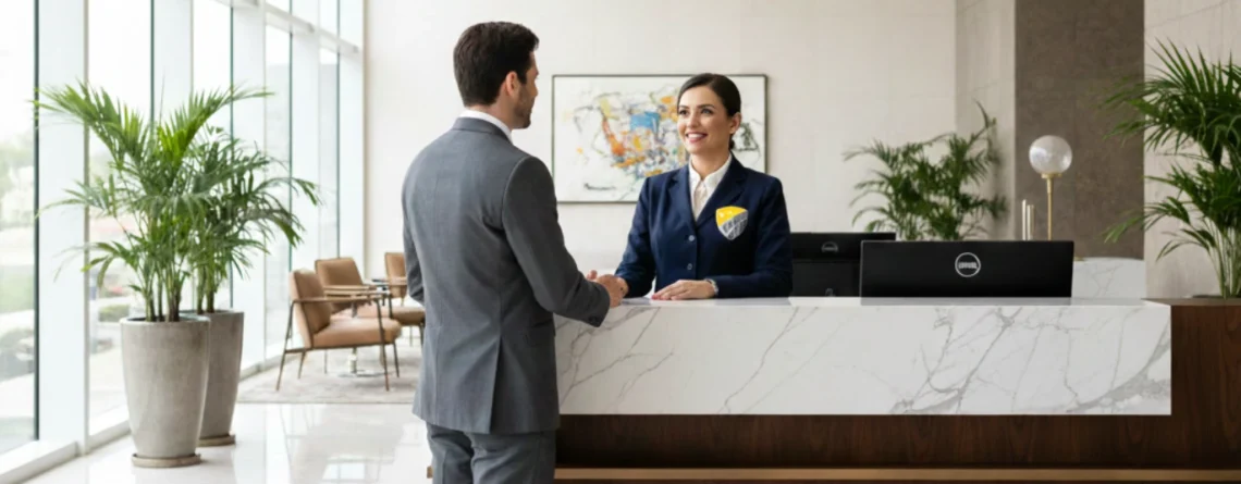 Recepcionista corporativa em uniforme elegante (com emblema PFA) cumprimentando cliente executivo em lobby de escritório de luxo. Imagem de atendimento profissional de facilities management