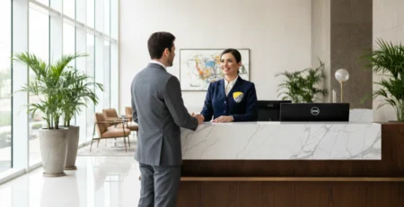 Recepcionista corporativa em uniforme elegante (com emblema PFA) cumprimentando cliente executivo em lobby de escritório de luxo. Imagem de atendimento profissional de facilities management