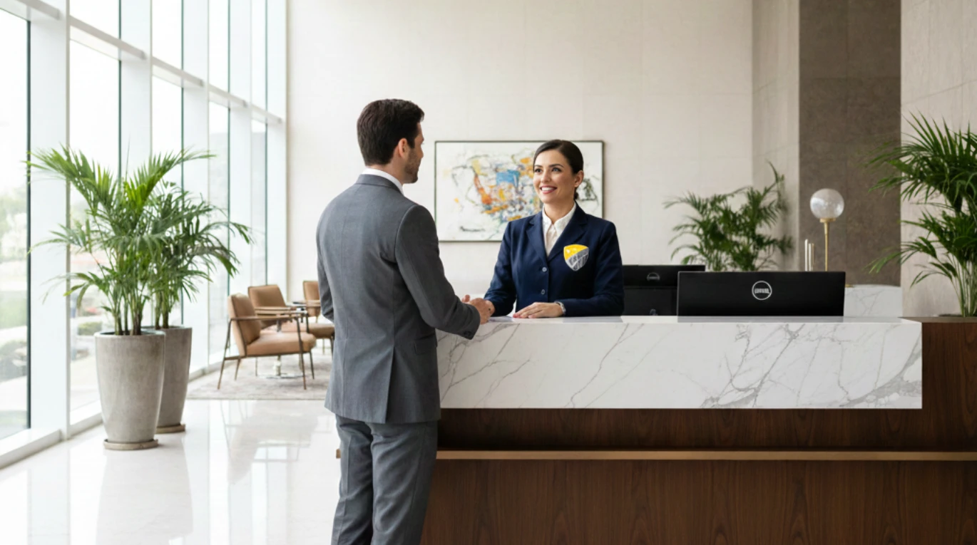 Recepcionista corporativa em uniforme elegante (com emblema PFA) cumprimentando cliente executivo em lobby de escritório de luxo. Imagem de atendimento profissional de facilities management