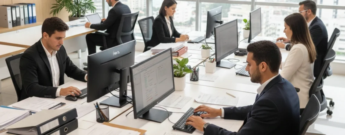 Equipe administrativa profissional em escritório moderno no Rio de Janeiro, trabalhando com documentos de gestão de condomínio e ferramentas digitais (tablets e notebooks). Imagem de administração eficiente.