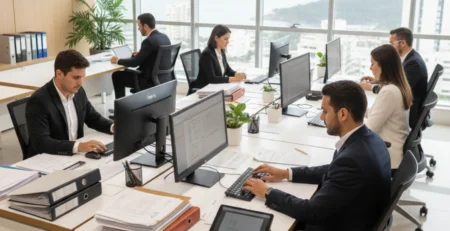 Equipe administrativa profissional em escritório moderno no Rio de Janeiro, trabalhando com documentos de gestão de condomínio e ferramentas digitais (tablets e notebooks). Imagem de administração eficiente.