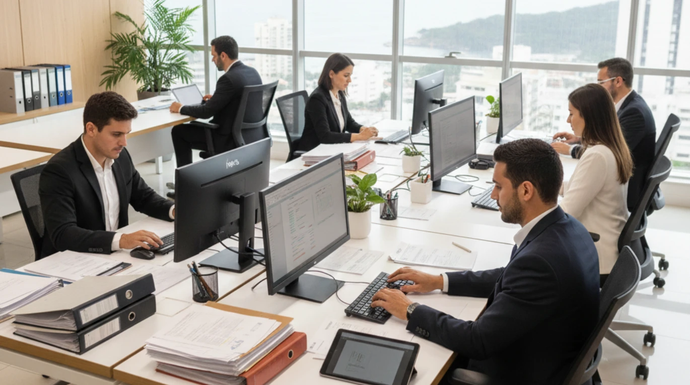 Equipe administrativa profissional em escritório moderno no Rio de Janeiro, trabalhando com documentos de gestão de condomínio e ferramentas digitais (tablets e notebooks). Imagem de administração eficiente.