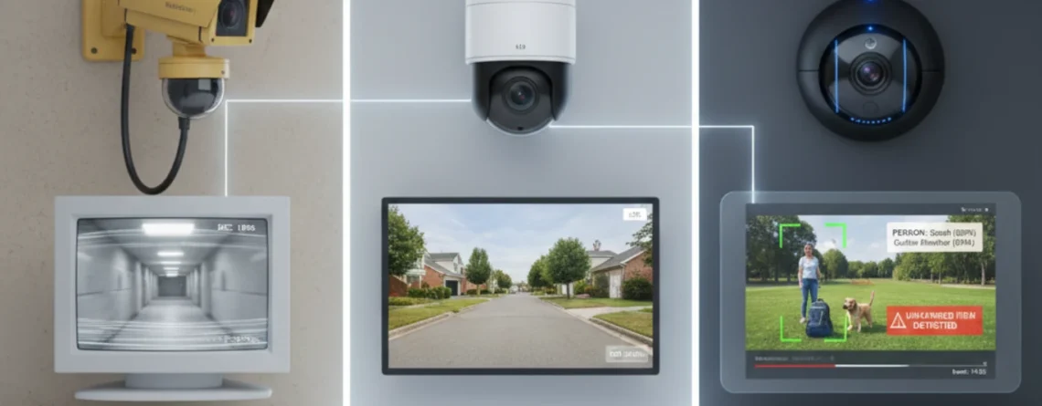 Visualização da evolução da segurança: da câmera analógica (anos 90) à câmera digital HD (anos 2010), culminando na moderna câmera inteligente com IA e análise de dados.