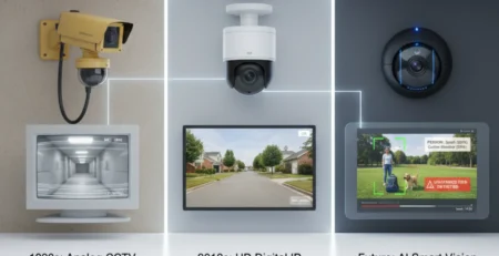 Visualização da evolução da segurança: da câmera analógica (anos 90) à câmera digital HD (anos 2010), culminando na moderna câmera inteligente com IA e análise de dados.